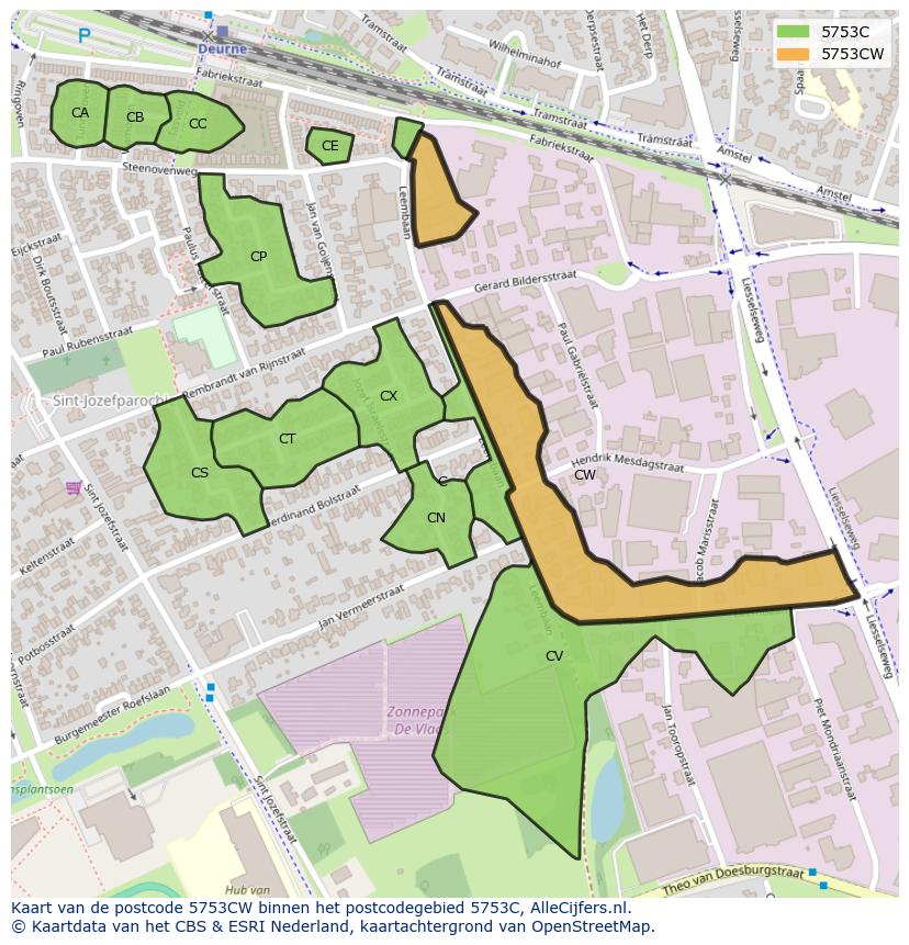 Afbeelding van het postcodegebied 5753 CW op de kaart.