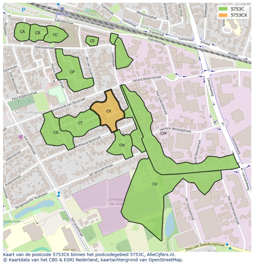 Afbeelding van het postcodegebied 5753 CX op de kaart.