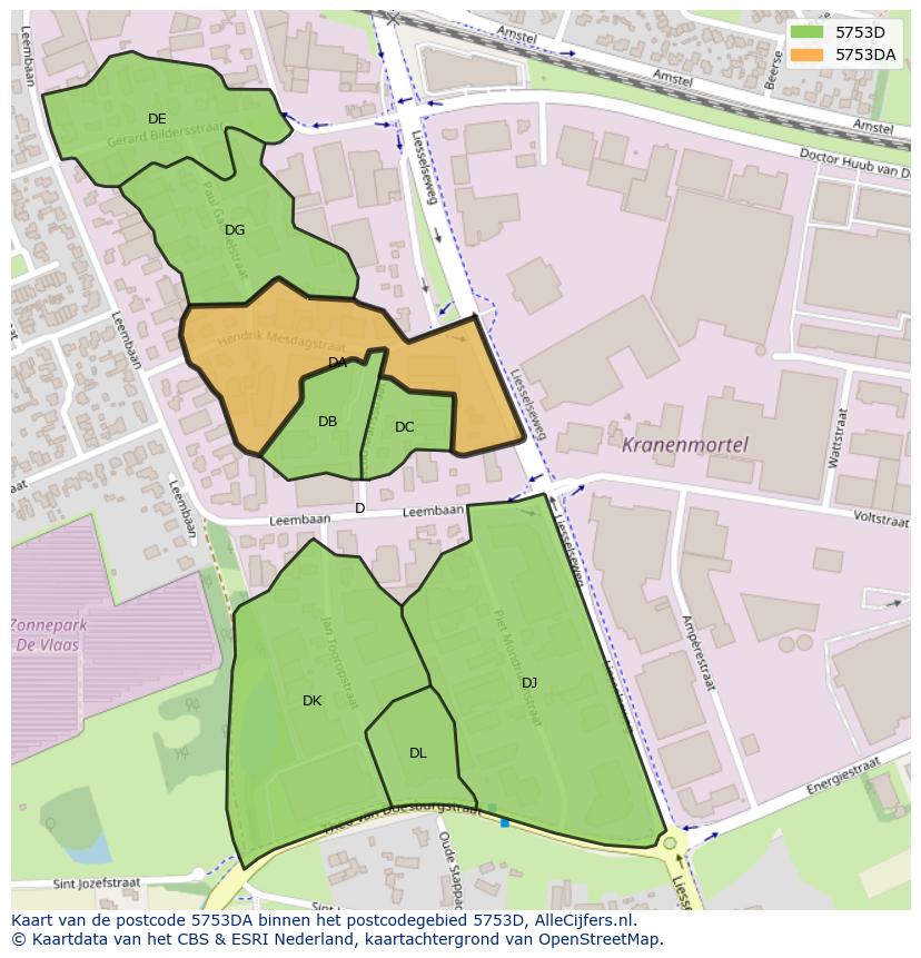 Afbeelding van het postcodegebied 5753 DA op de kaart.