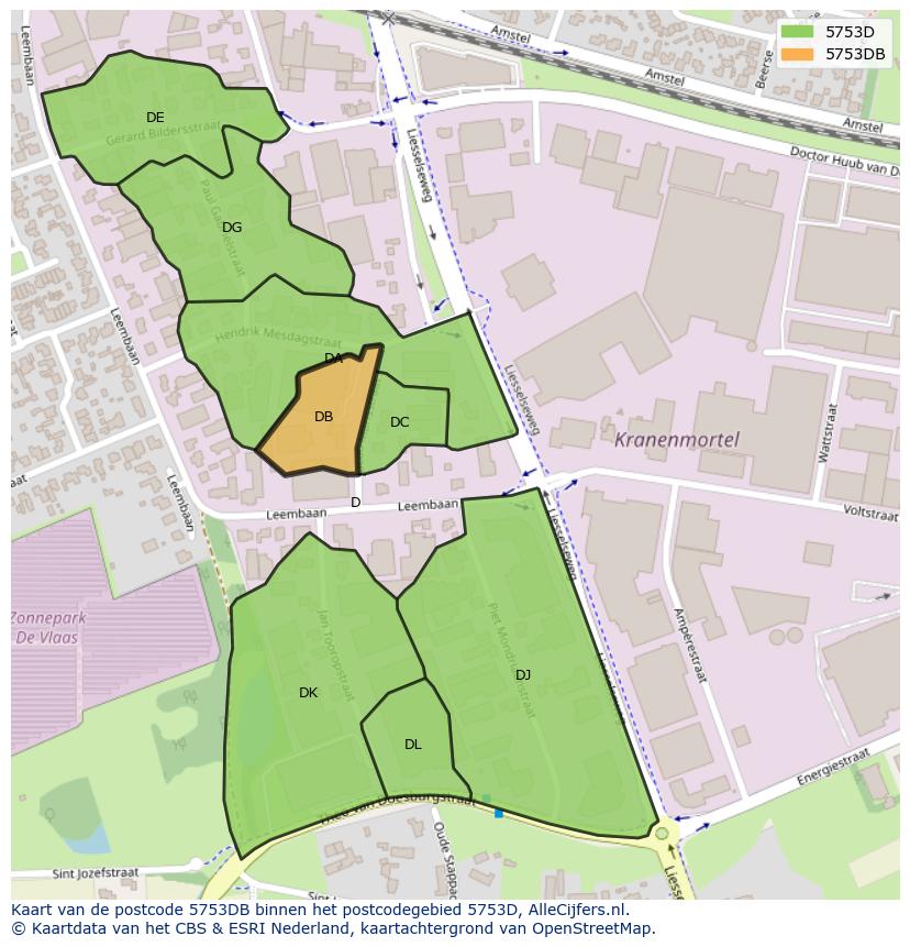 Afbeelding van het postcodegebied 5753 DB op de kaart.