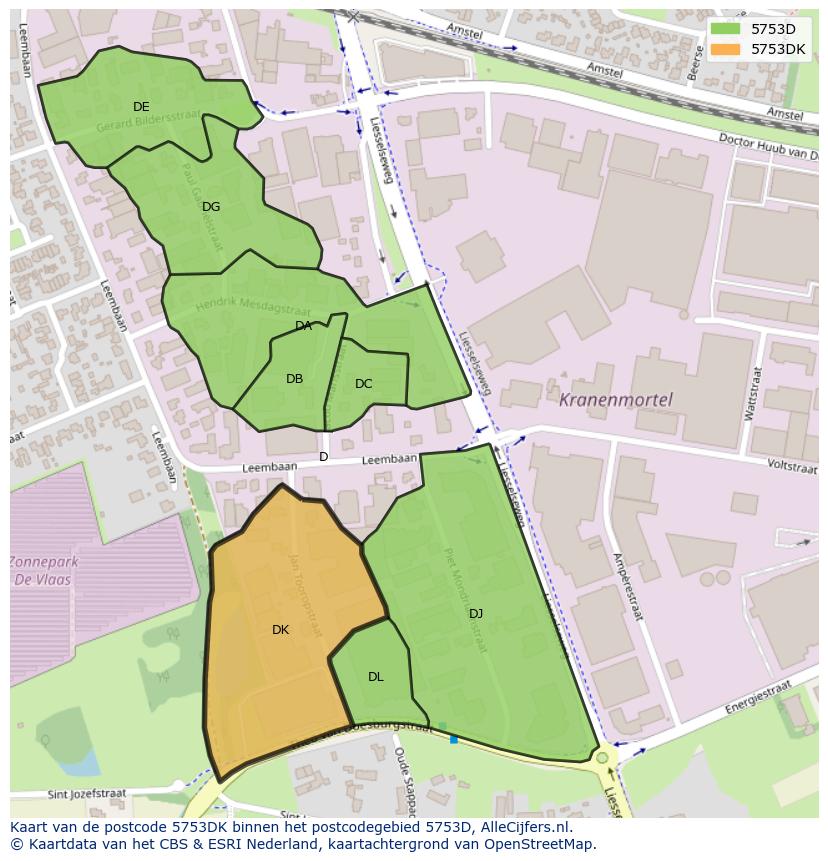 Afbeelding van het postcodegebied 5753 DK op de kaart.