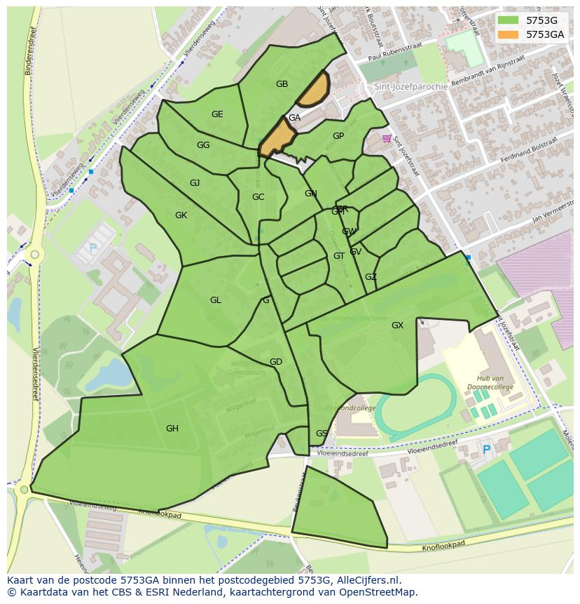 Afbeelding van het postcodegebied 5753 GA op de kaart.