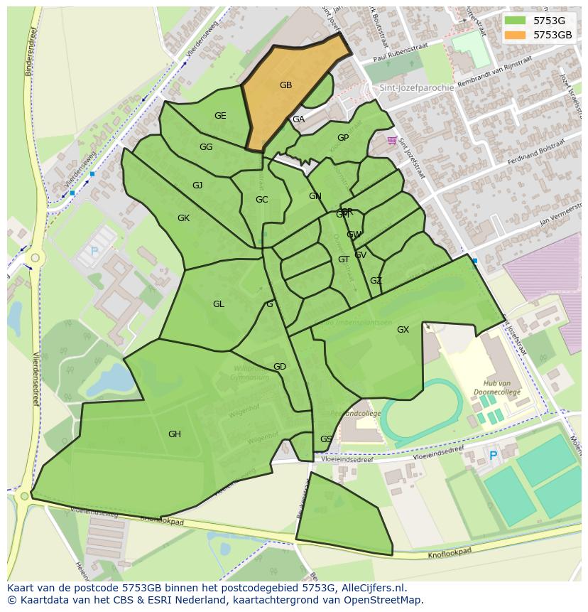 Afbeelding van het postcodegebied 5753 GB op de kaart.