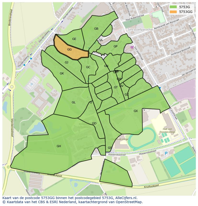 Afbeelding van het postcodegebied 5753 GG op de kaart.