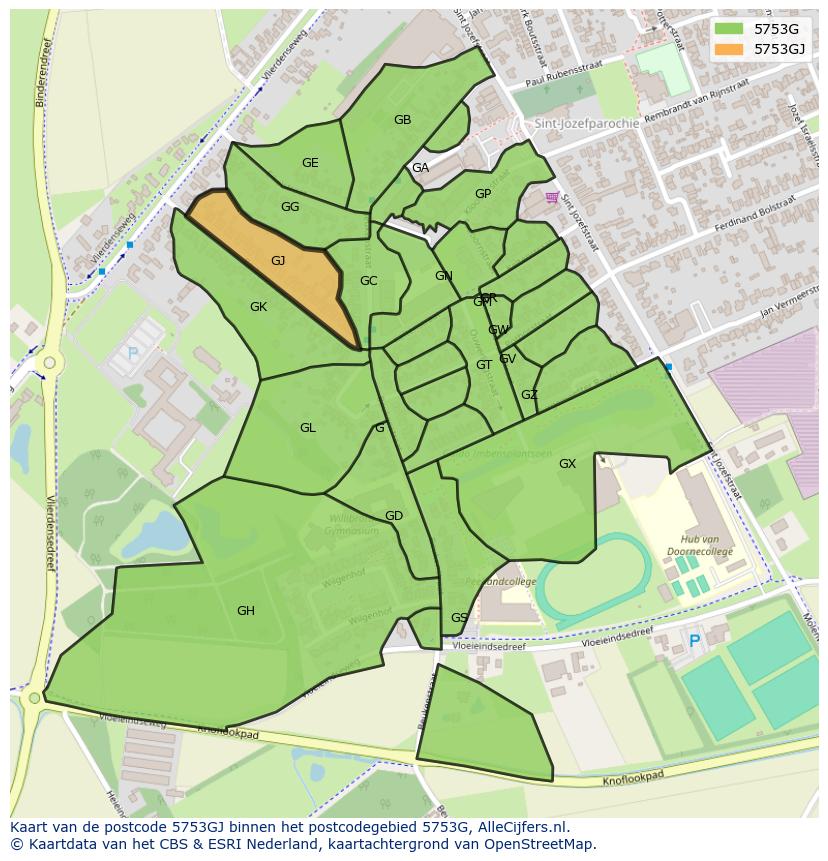 Afbeelding van het postcodegebied 5753 GJ op de kaart.