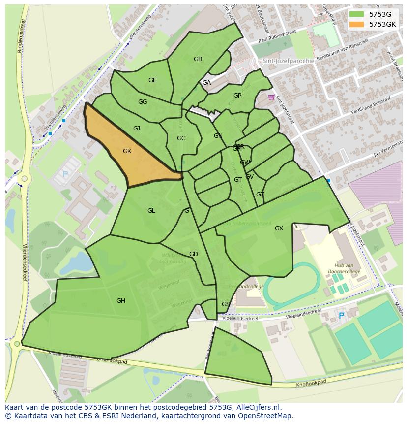 Afbeelding van het postcodegebied 5753 GK op de kaart.