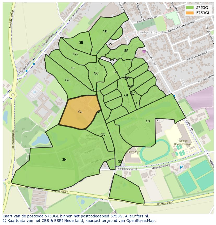 Afbeelding van het postcodegebied 5753 GL op de kaart.