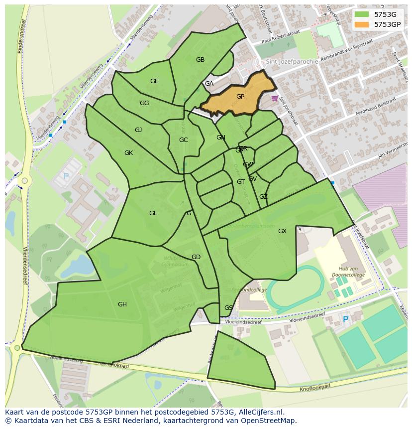 Afbeelding van het postcodegebied 5753 GP op de kaart.