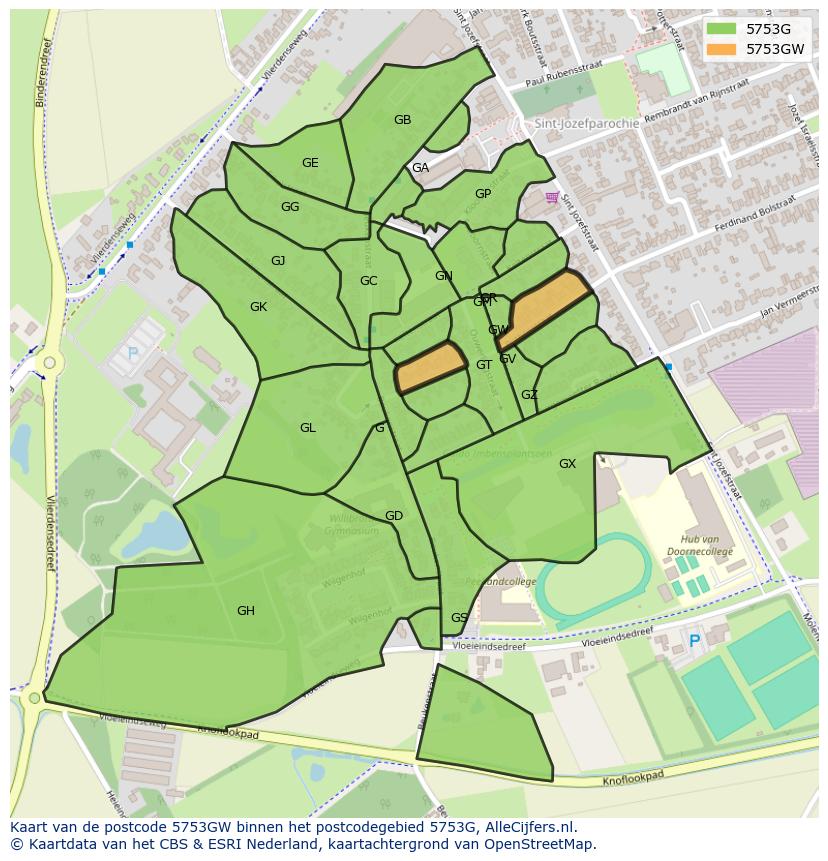 Afbeelding van het postcodegebied 5753 GW op de kaart.
