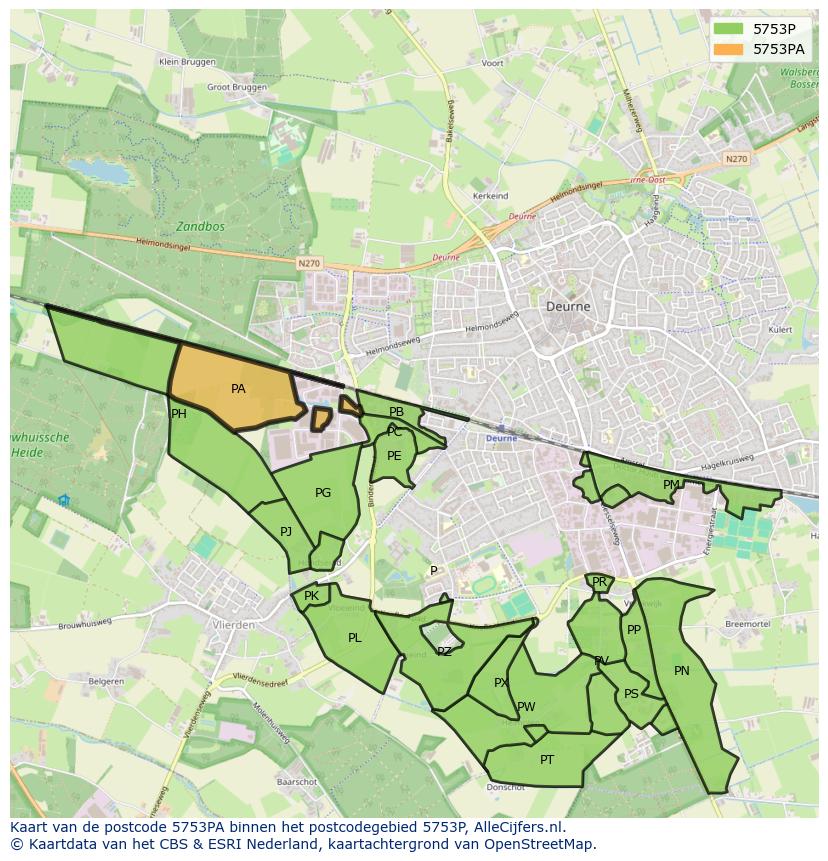 Afbeelding van het postcodegebied 5753 PA op de kaart.
