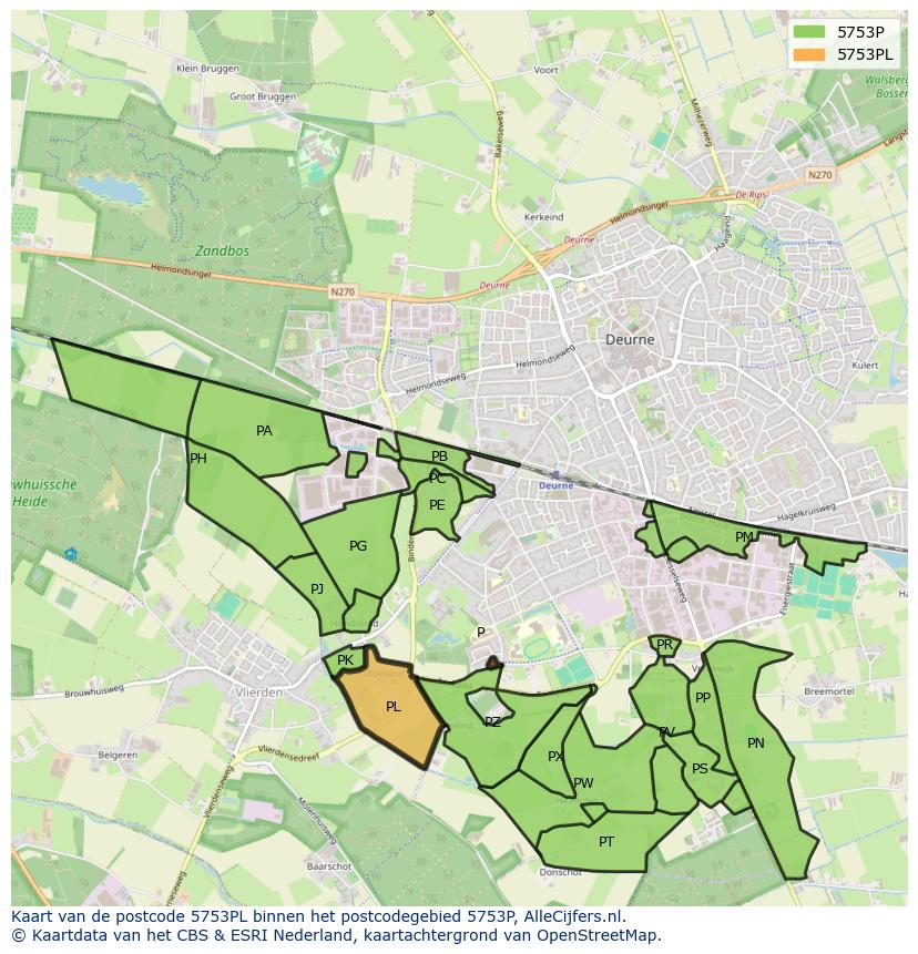 Afbeelding van het postcodegebied 5753 PL op de kaart.