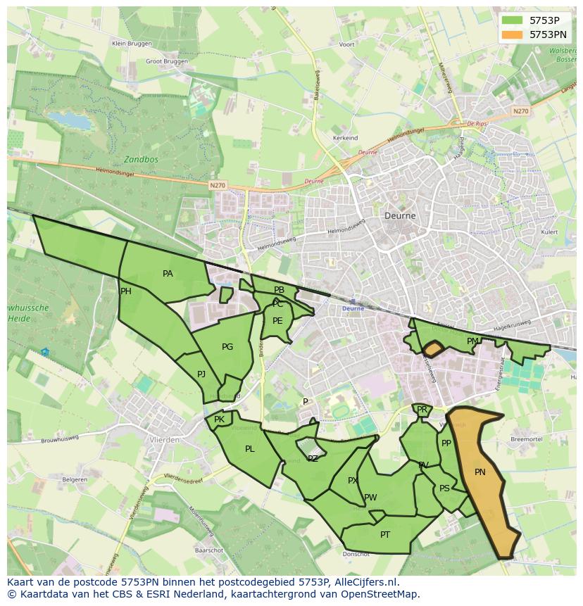 Afbeelding van het postcodegebied 5753 PN op de kaart.