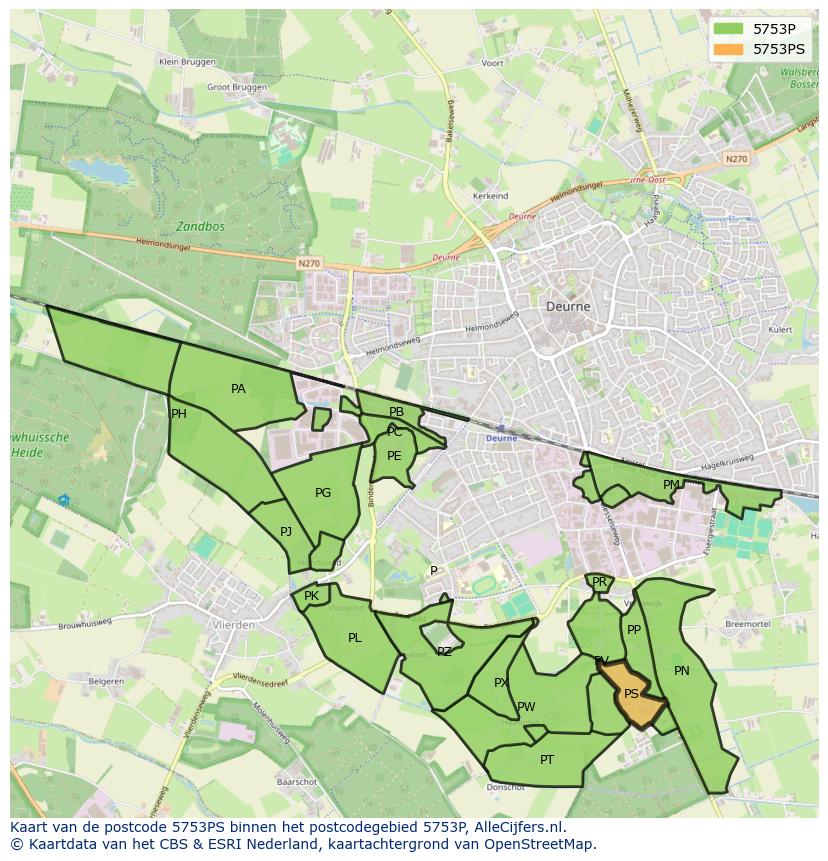 Afbeelding van het postcodegebied 5753 PS op de kaart.