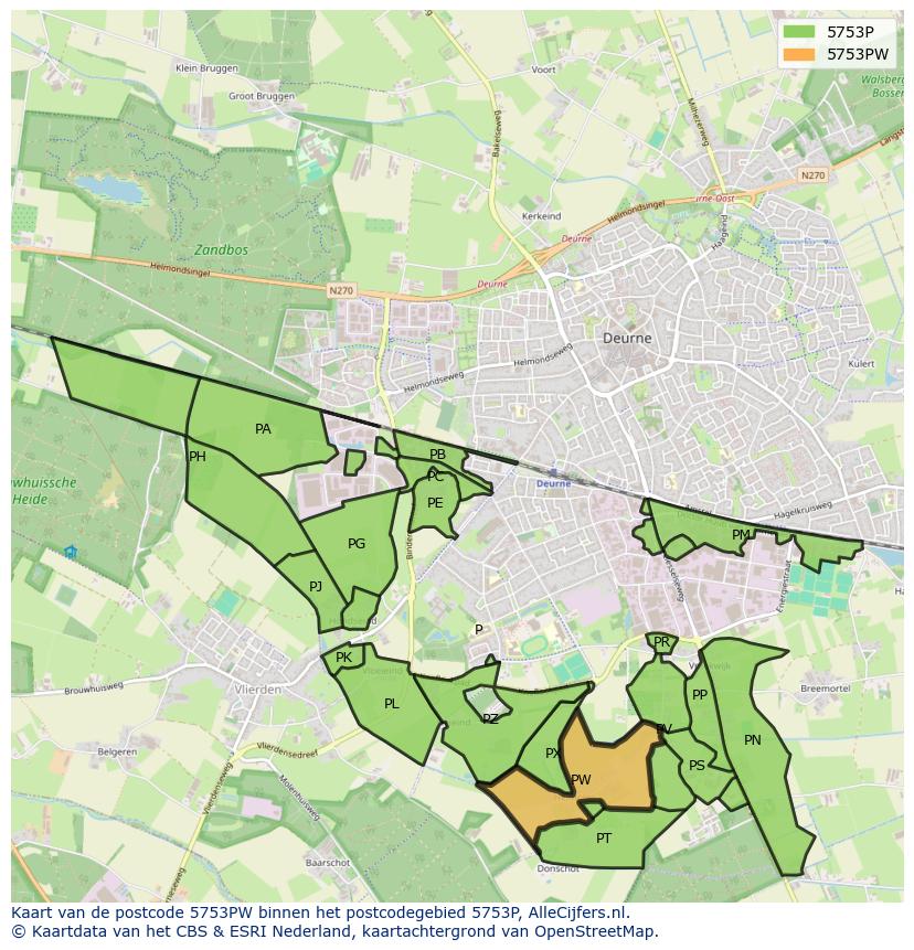 Afbeelding van het postcodegebied 5753 PW op de kaart.