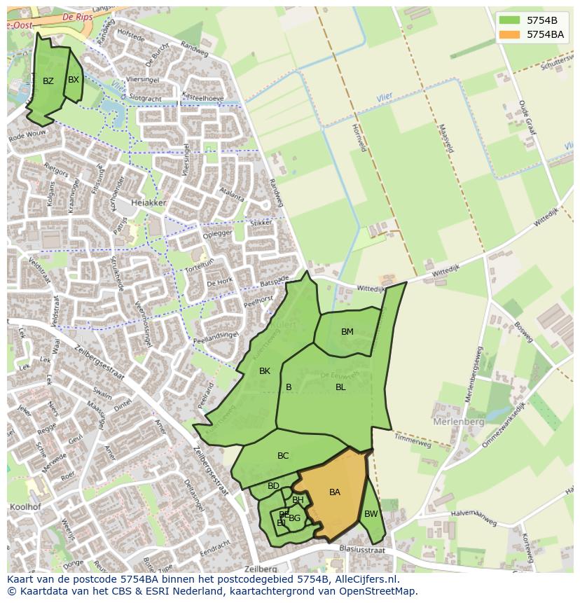 Afbeelding van het postcodegebied 5754 BA op de kaart.