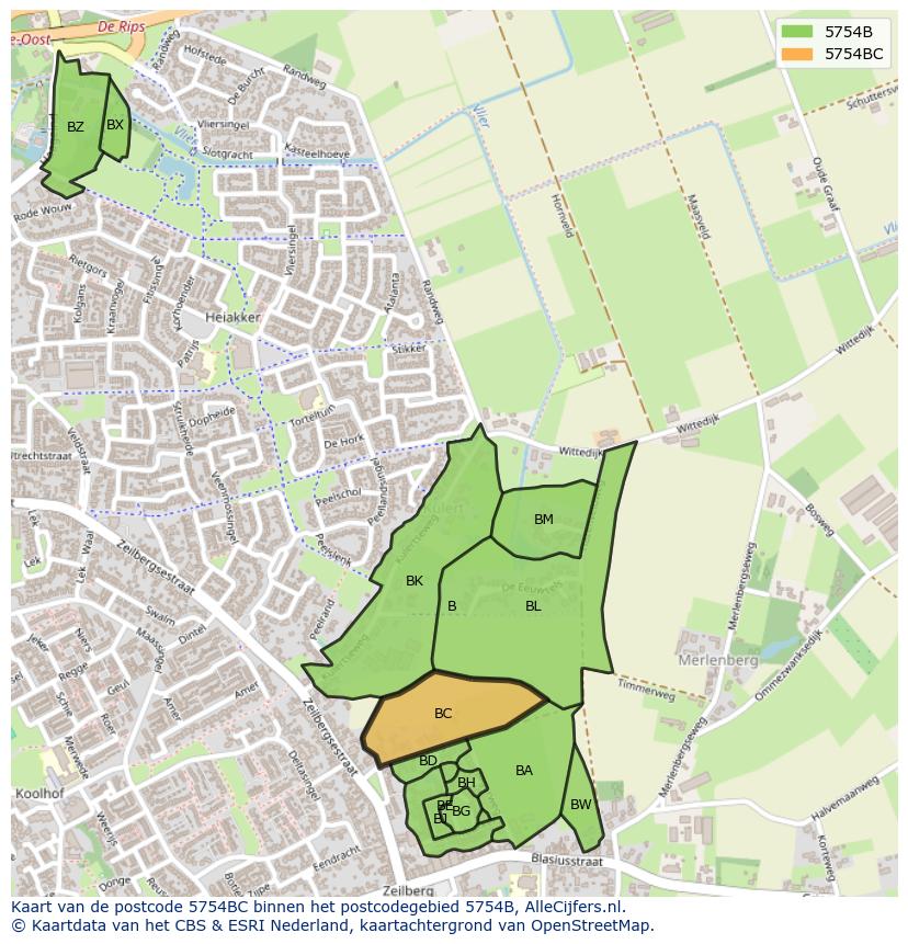 Afbeelding van het postcodegebied 5754 BC op de kaart.