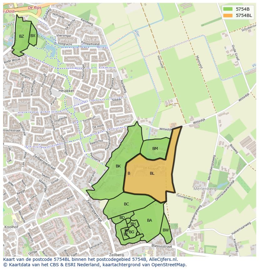 Afbeelding van het postcodegebied 5754 BL op de kaart.