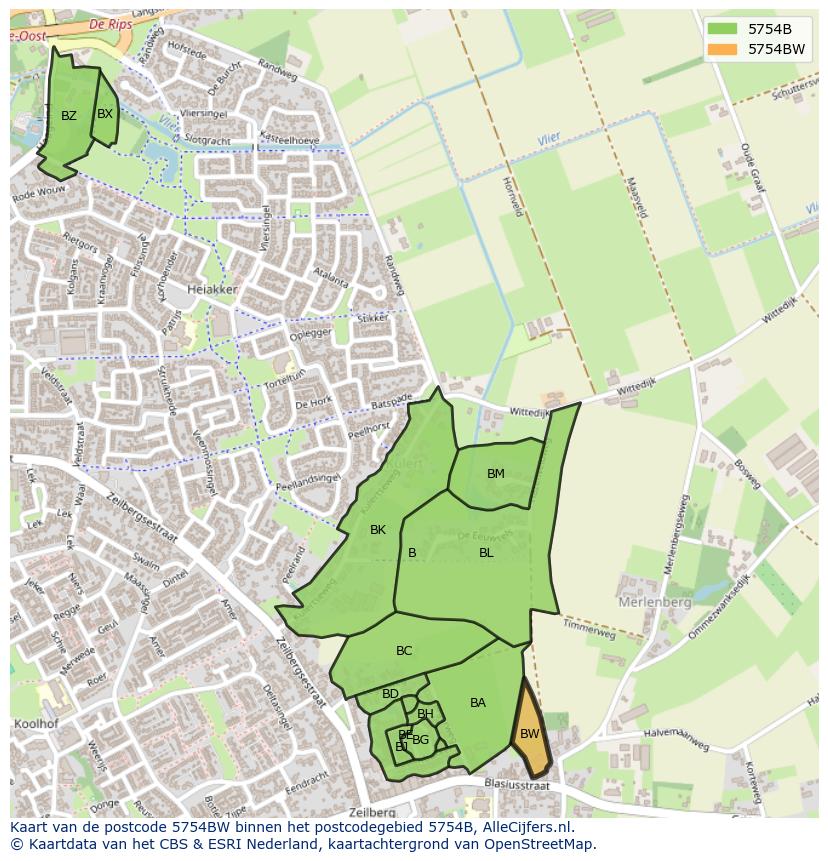Afbeelding van het postcodegebied 5754 BW op de kaart.