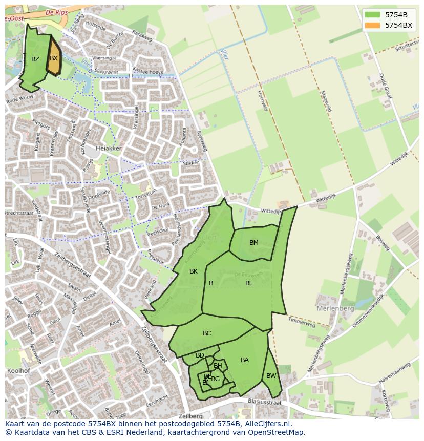 Afbeelding van het postcodegebied 5754 BX op de kaart.