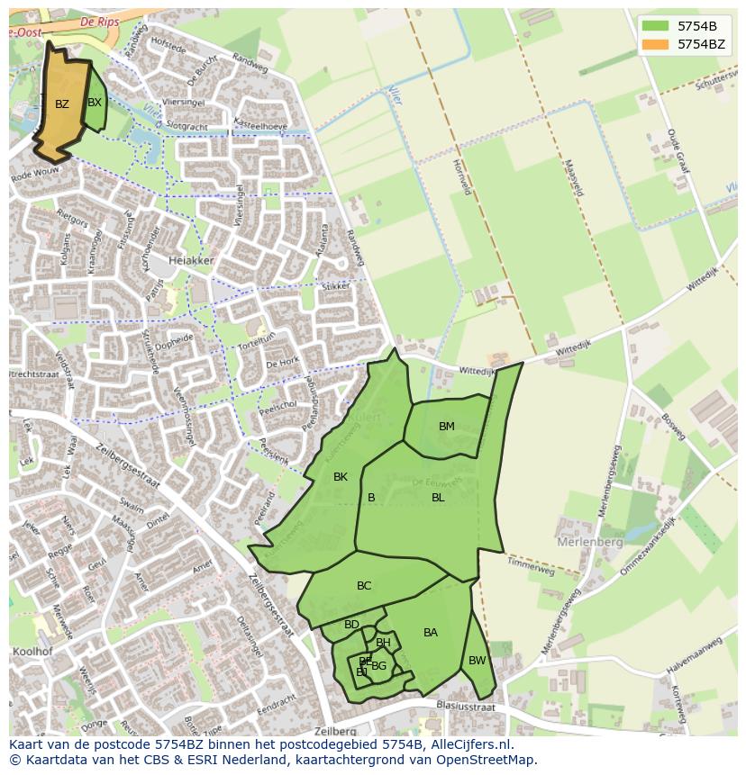 Afbeelding van het postcodegebied 5754 BZ op de kaart.