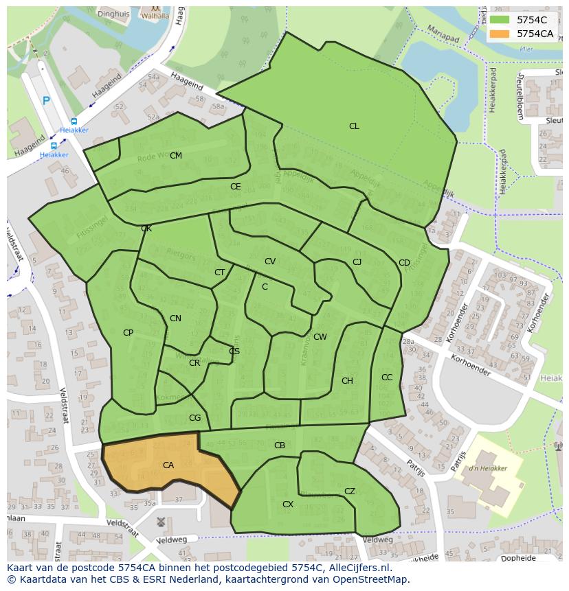 Afbeelding van het postcodegebied 5754 CA op de kaart.