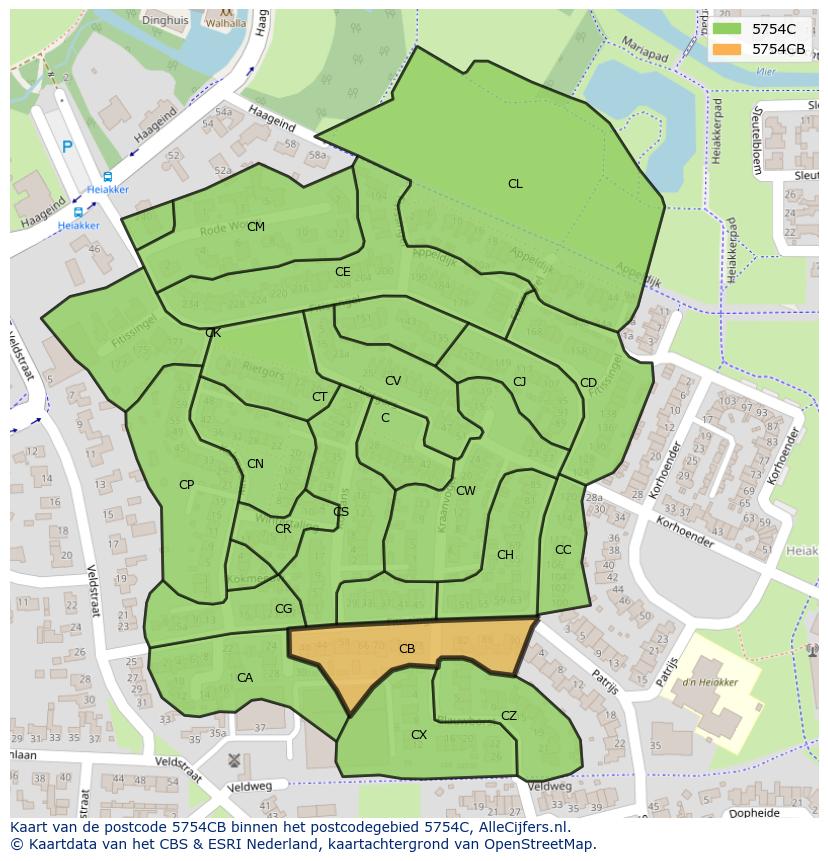 Afbeelding van het postcodegebied 5754 CB op de kaart.