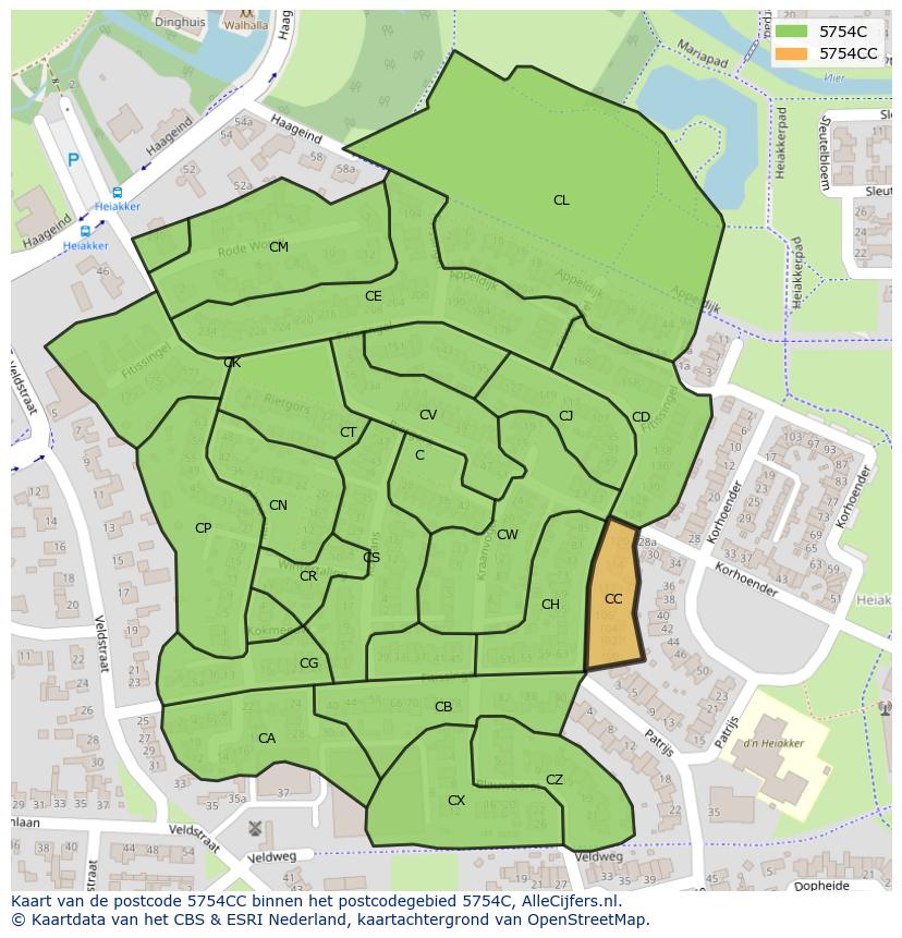 Afbeelding van het postcodegebied 5754 CC op de kaart.