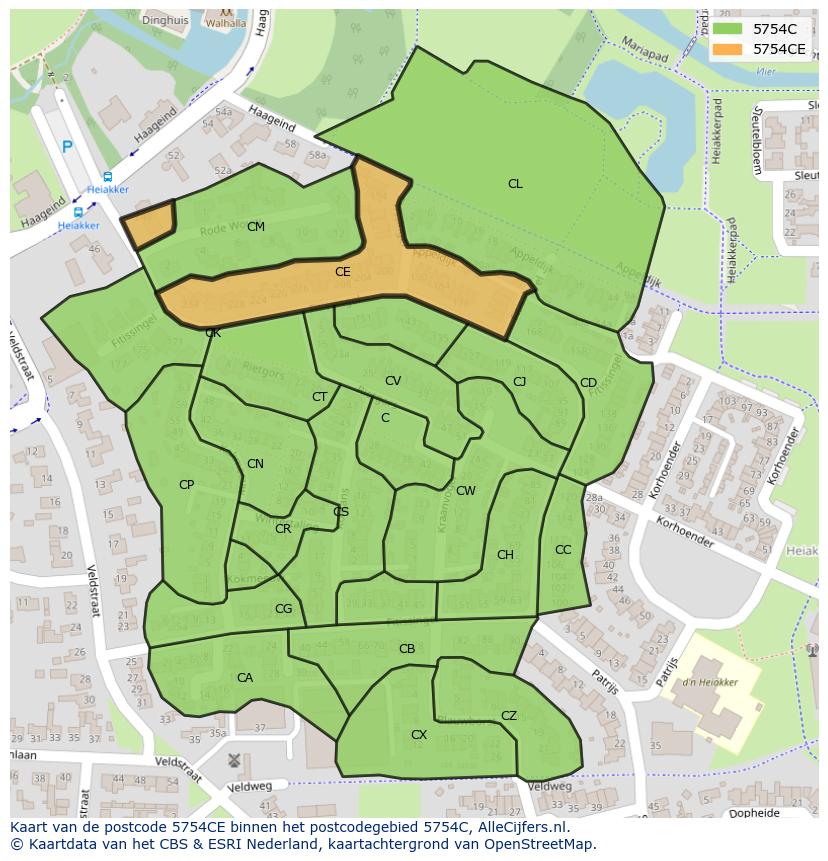 Afbeelding van het postcodegebied 5754 CE op de kaart.
