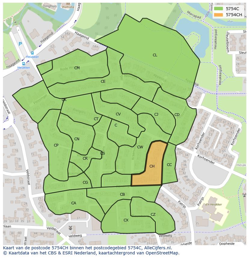 Afbeelding van het postcodegebied 5754 CH op de kaart.