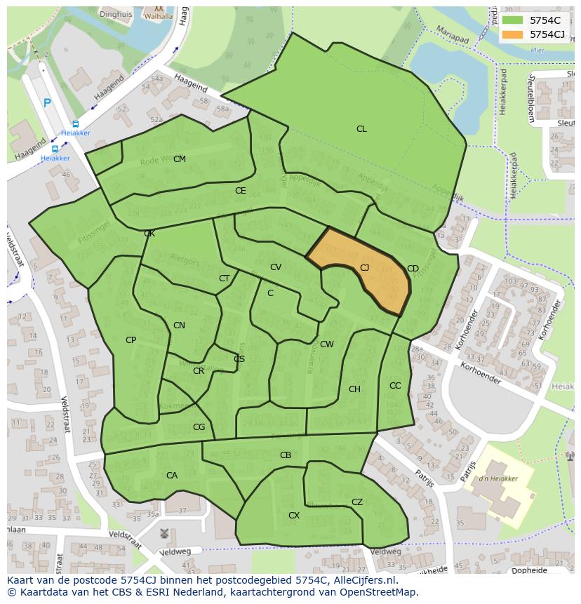 Afbeelding van het postcodegebied 5754 CJ op de kaart.