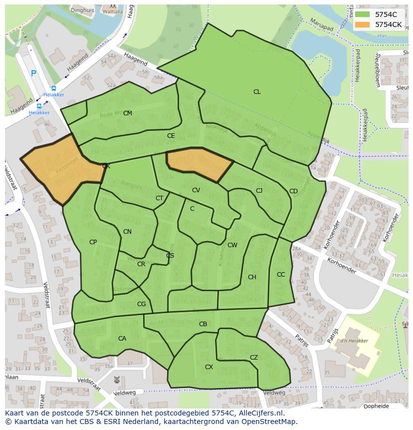 Afbeelding van het postcodegebied 5754 CK op de kaart.
