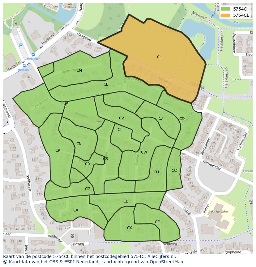 Afbeelding van het postcodegebied 5754 CL op de kaart.