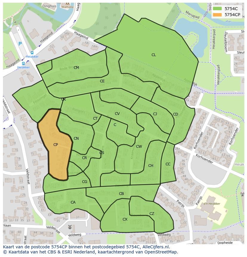 Afbeelding van het postcodegebied 5754 CP op de kaart.