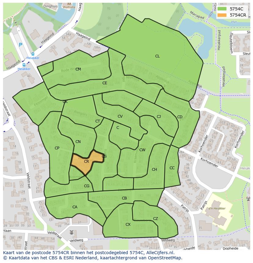 Afbeelding van het postcodegebied 5754 CR op de kaart.
