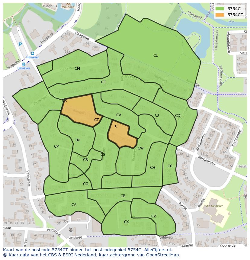 Afbeelding van het postcodegebied 5754 CT op de kaart.