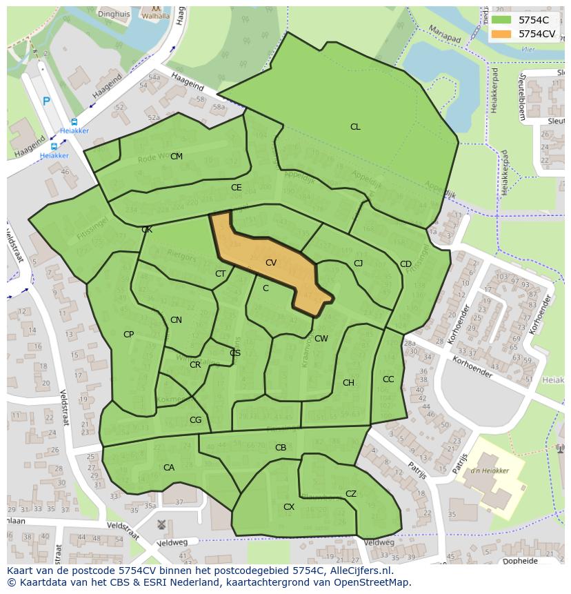 Afbeelding van het postcodegebied 5754 CV op de kaart.
