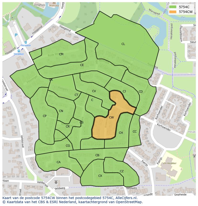 Afbeelding van het postcodegebied 5754 CW op de kaart.