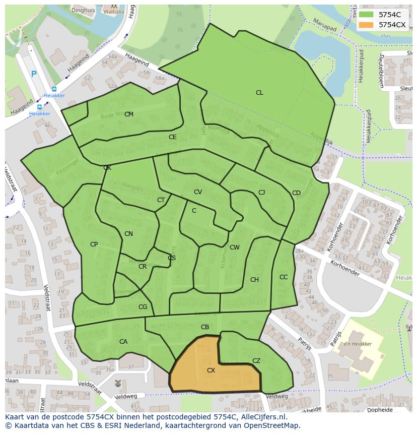 Afbeelding van het postcodegebied 5754 CX op de kaart.
