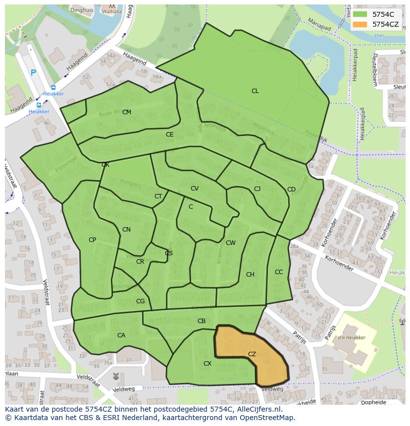 Afbeelding van het postcodegebied 5754 CZ op de kaart.