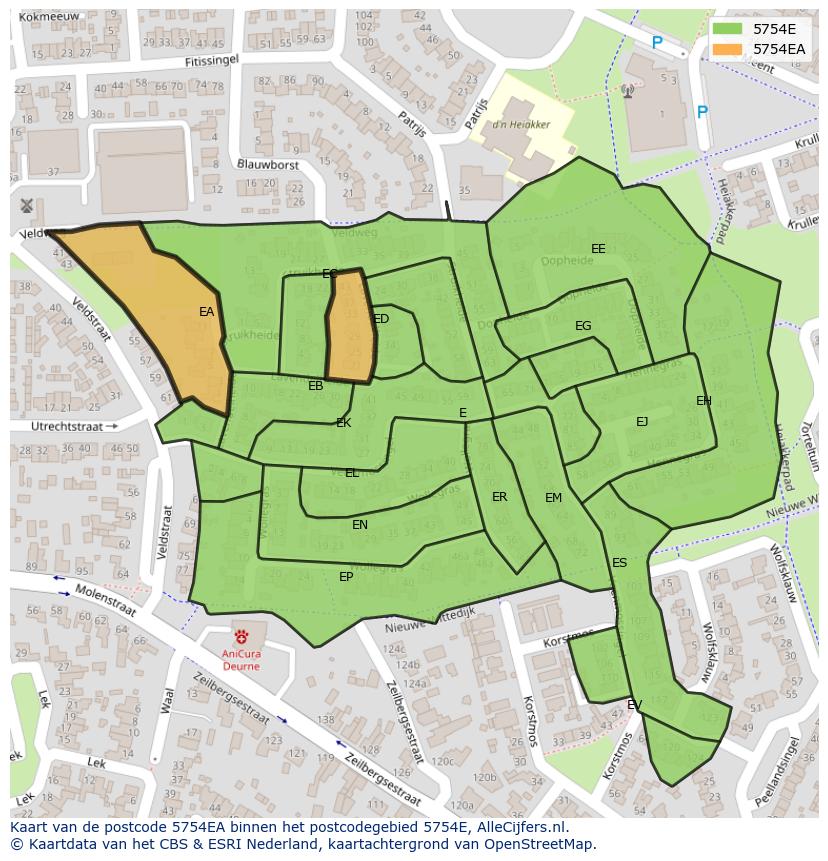 Afbeelding van het postcodegebied 5754 EA op de kaart.