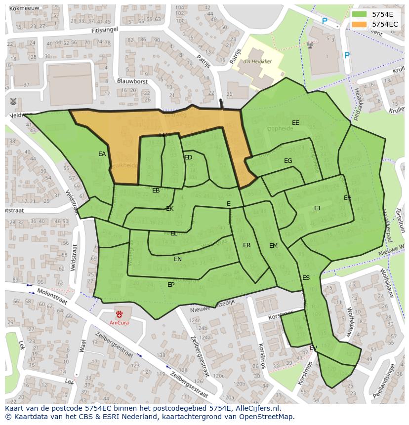 Afbeelding van het postcodegebied 5754 EC op de kaart.
