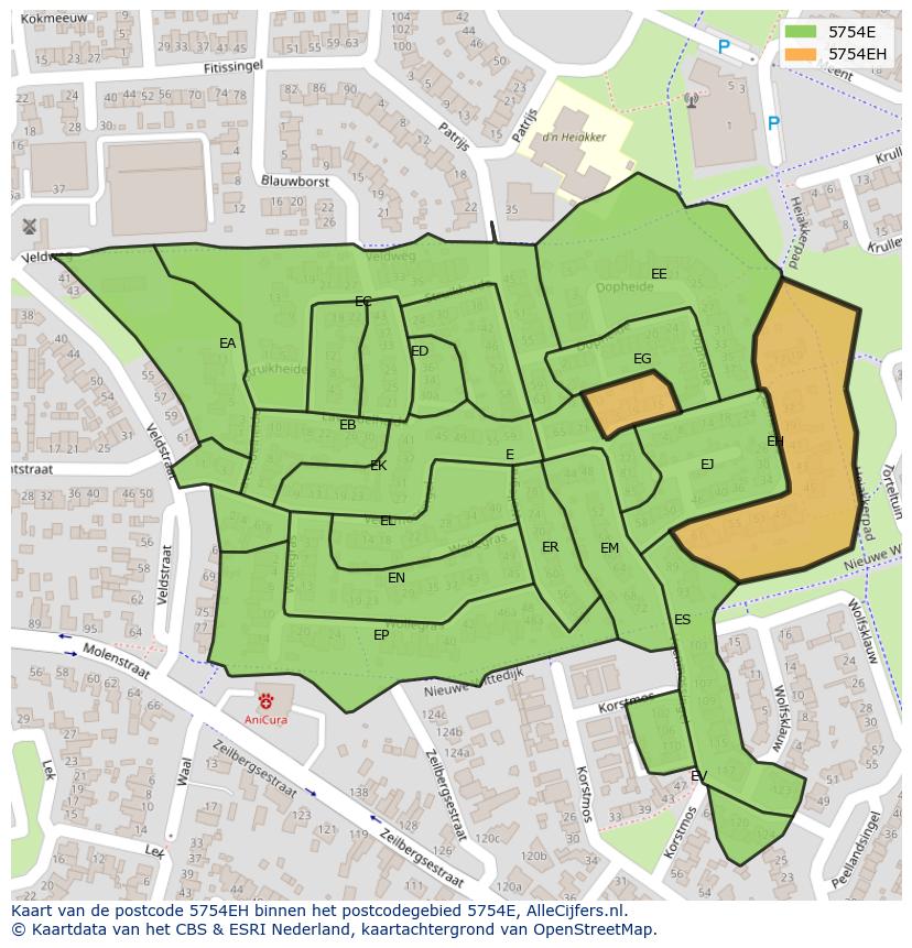 Afbeelding van het postcodegebied 5754 EH op de kaart.