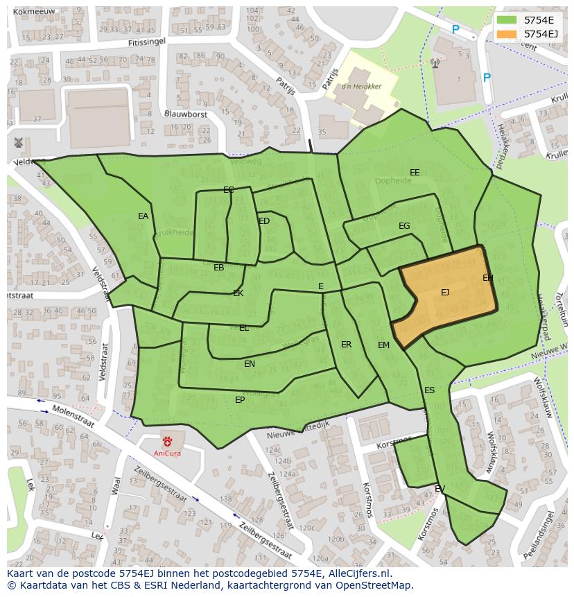 Afbeelding van het postcodegebied 5754 EJ op de kaart.