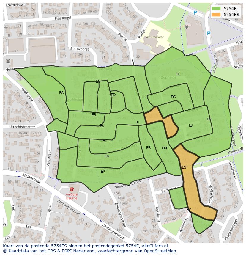 Afbeelding van het postcodegebied 5754 ES op de kaart.