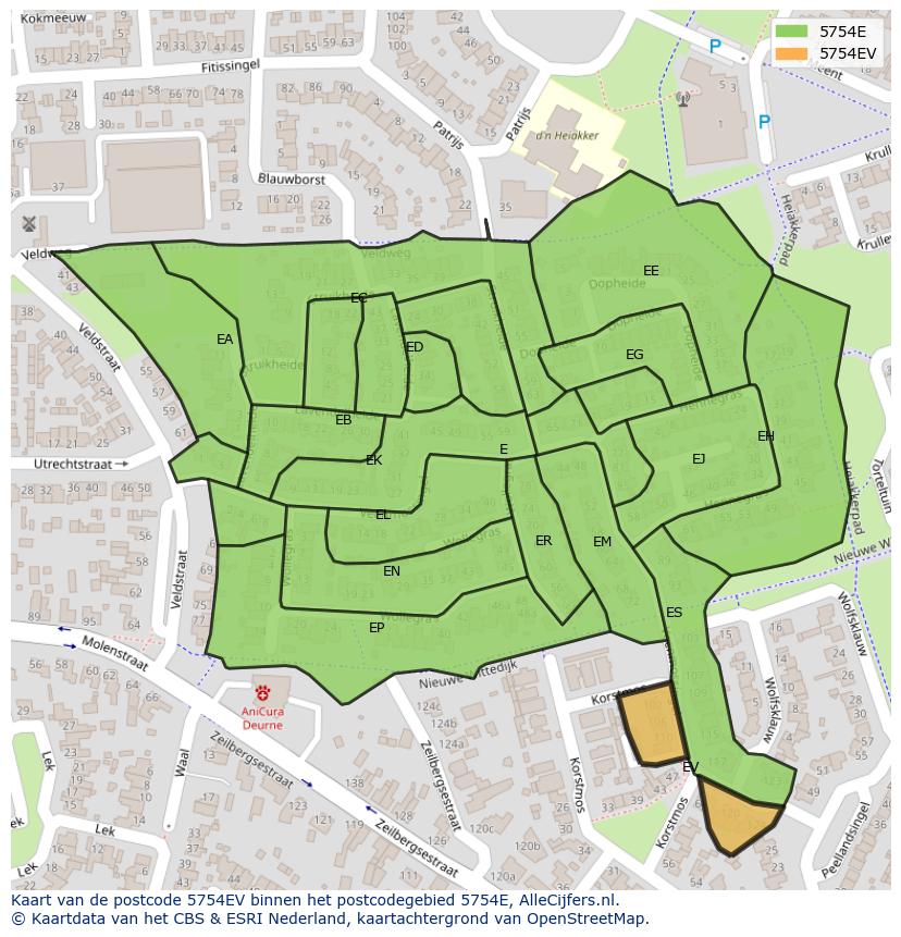 Afbeelding van het postcodegebied 5754 EV op de kaart.