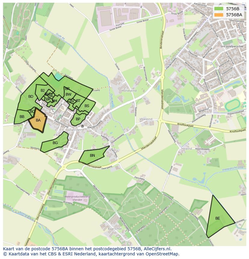 Afbeelding van het postcodegebied 5756 BA op de kaart.