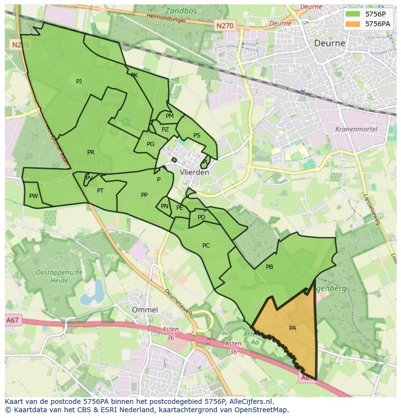 Afbeelding van het postcodegebied 5756 PA op de kaart.
