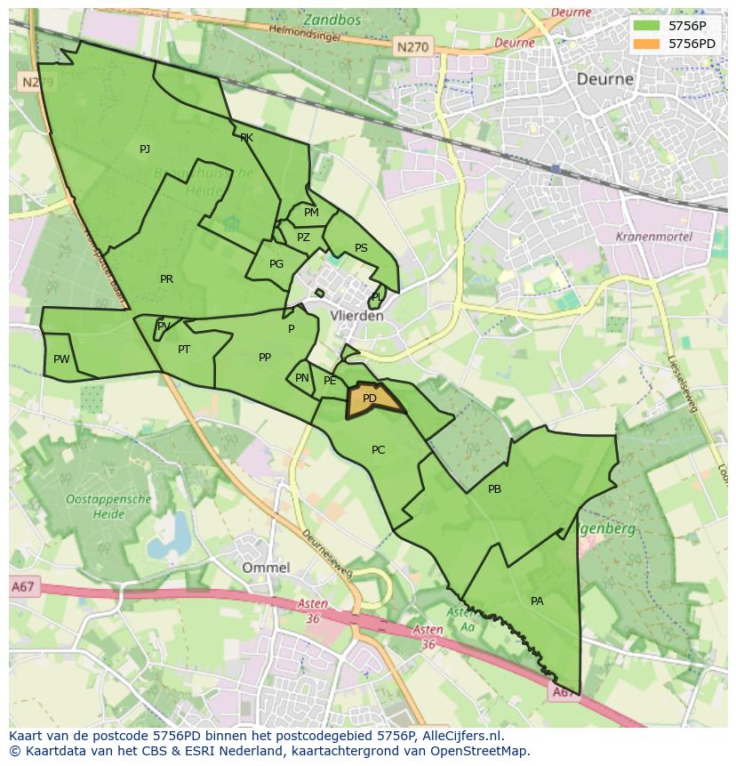 Afbeelding van het postcodegebied 5756 PD op de kaart.