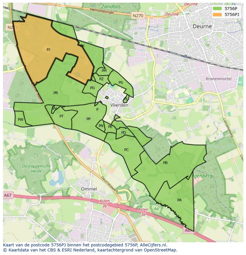 Afbeelding van het postcodegebied 5756 PJ op de kaart.