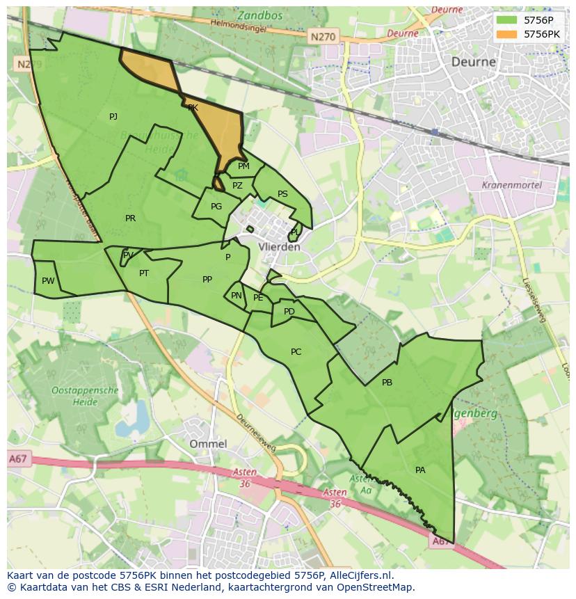 Afbeelding van het postcodegebied 5756 PK op de kaart.